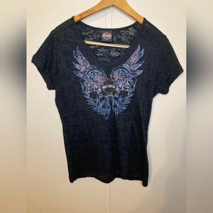 Vintage Y2K Harley Davidson Women's Black Tattoo V-Neck Shirt Sheer Size L